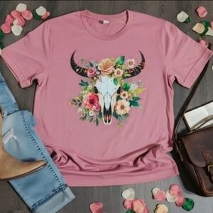 Boho Longhorn Skull Tee Mauve • Floral Western Cow Skull Shirt • Country Boho